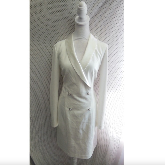 NEW ELIZA J White CREPE Tuxedo BLAZER Satin LAPEL Pearl Button SHEATH DRESS 8 - Picture 9 of 10